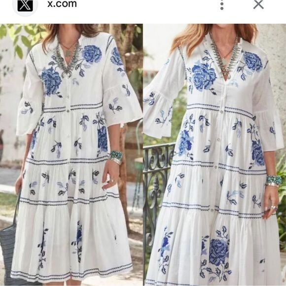 Sundance White Blue Floral Embroidered Tiered Button Down Midi Dress sz L NWOT - Picture 2 of 10